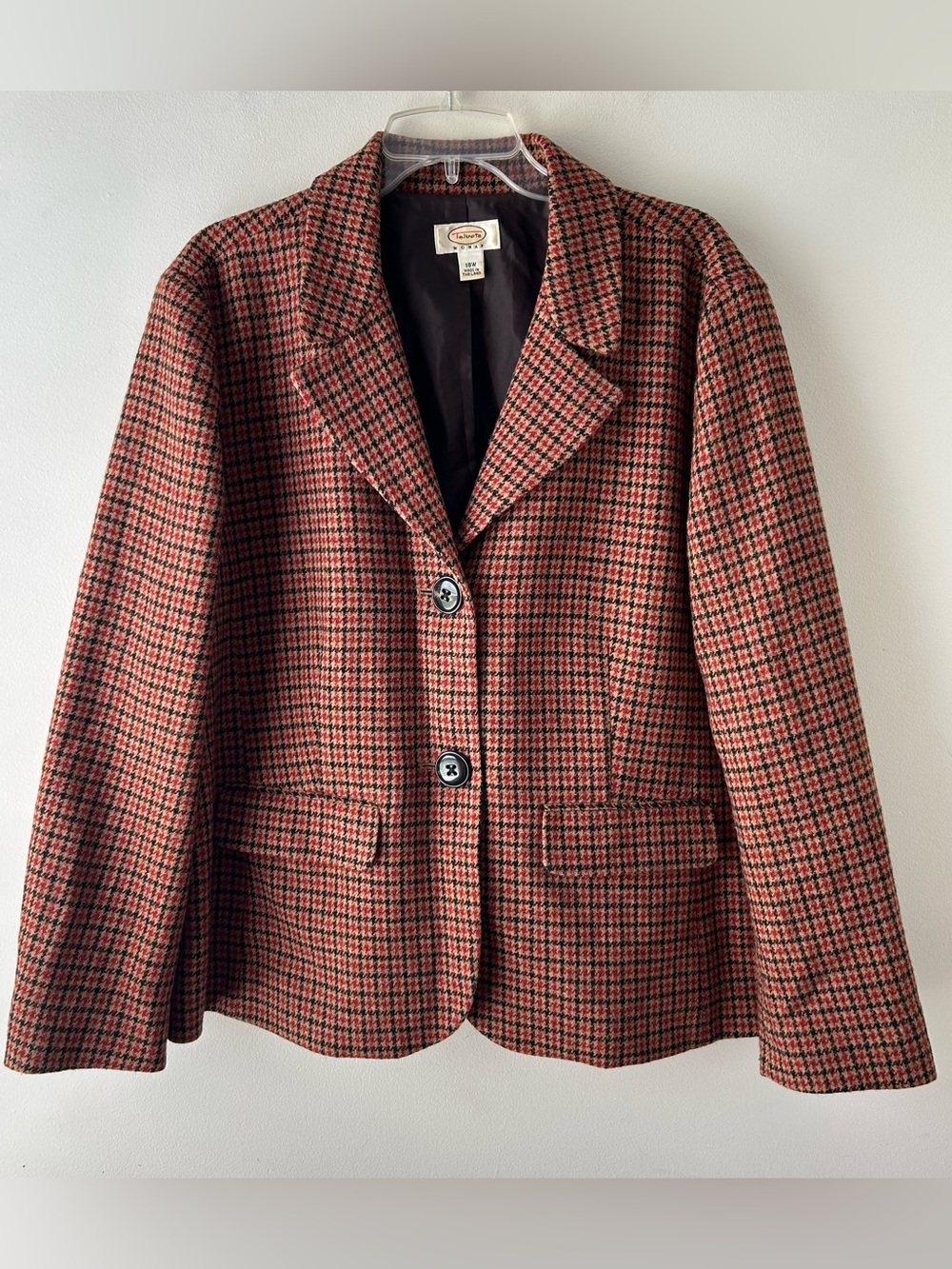 Vintage Talbots Wool Blazer Coat Jacket Mini Houndstooth Plaid Check Tan Red 18